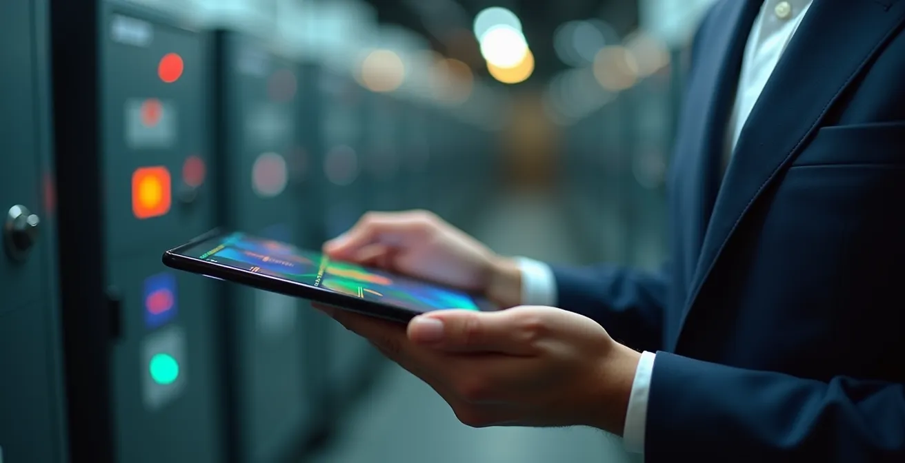 Gros plan sur une main professionnelle tenant une tablette avec graphiques colorés, compteur électrique flou en arrière-plan