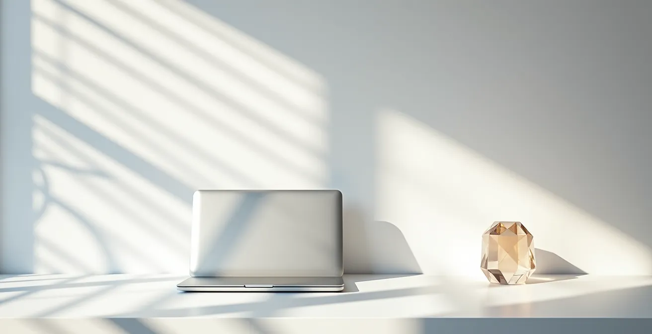 Vue minimaliste d'un bureau moderne avec lumière naturelle créant des motifs géométriques sur une surface épurée