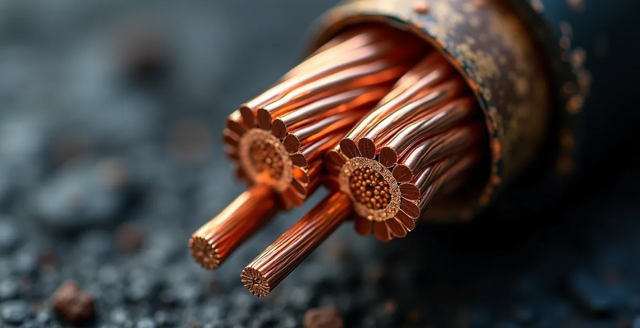 Vue macro d'un câble électrique industriel montrant les fils de cuivre tressés avec profondeur de champ réduite