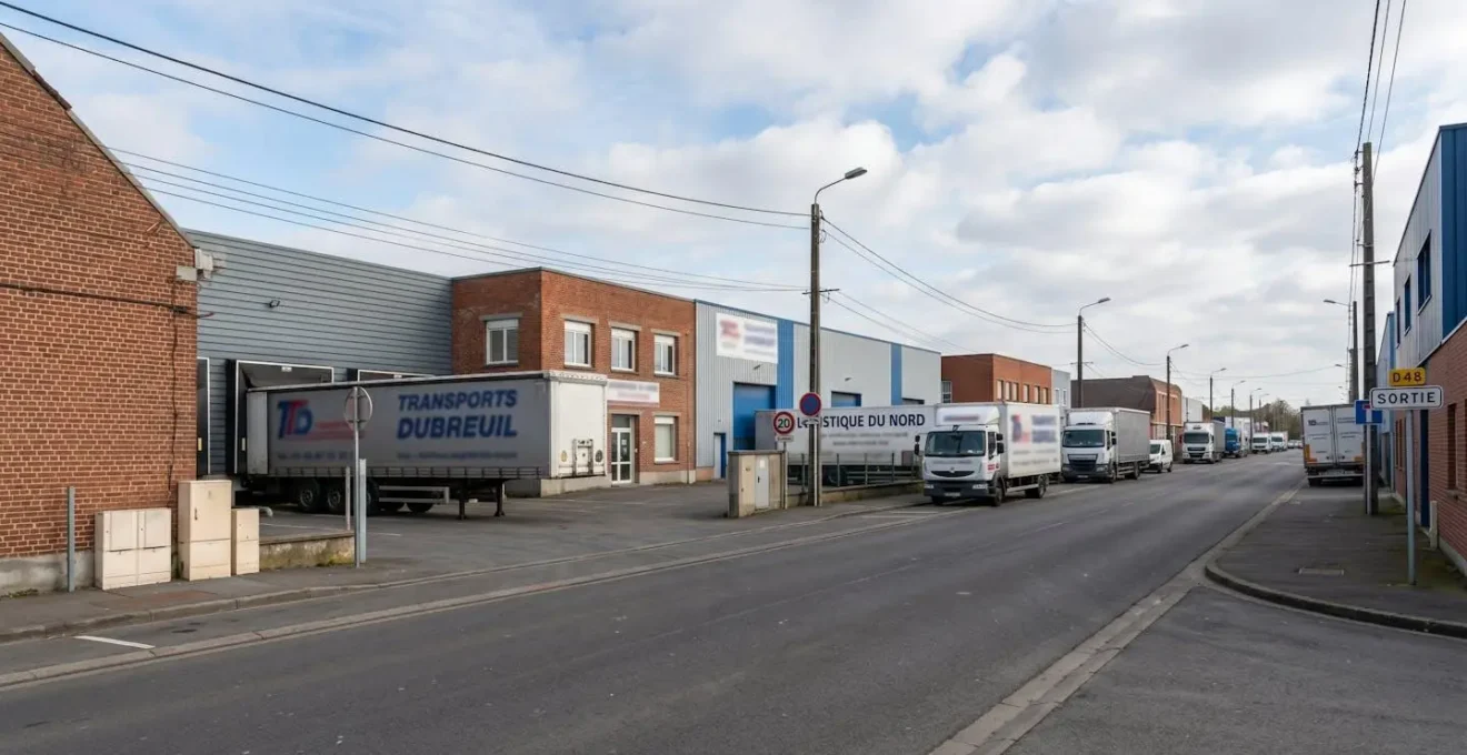 Allée de zone d'activité économique de la métropole lilloise avec entrepôts logistiques en briques, camions de livraison et infrastructure électrique
