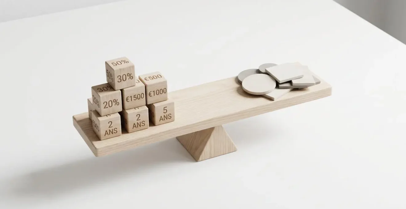 Balance en bois scandinave parfaitement équilibrée avec cubes chiffrés d'un côté et formes géométriques de l'autre, sur fond blanc minimaliste