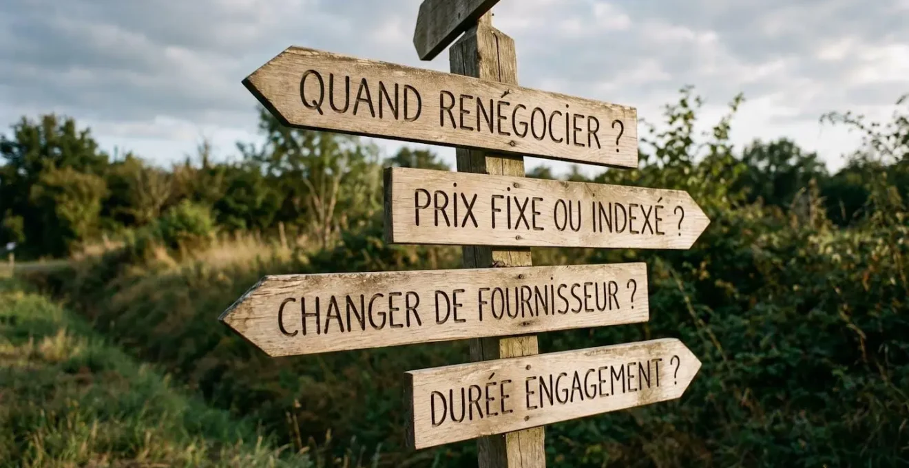 Carrefour de panneaux directionnels en bois portant des questions en français sur la renégociation de contrats gaz