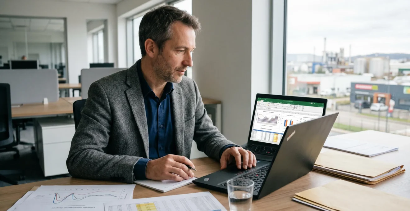 Consultant en énergie analysant des graphiques de consommation sur ordinateur portable dans un bureau contemporain avec documents de données énergétiques