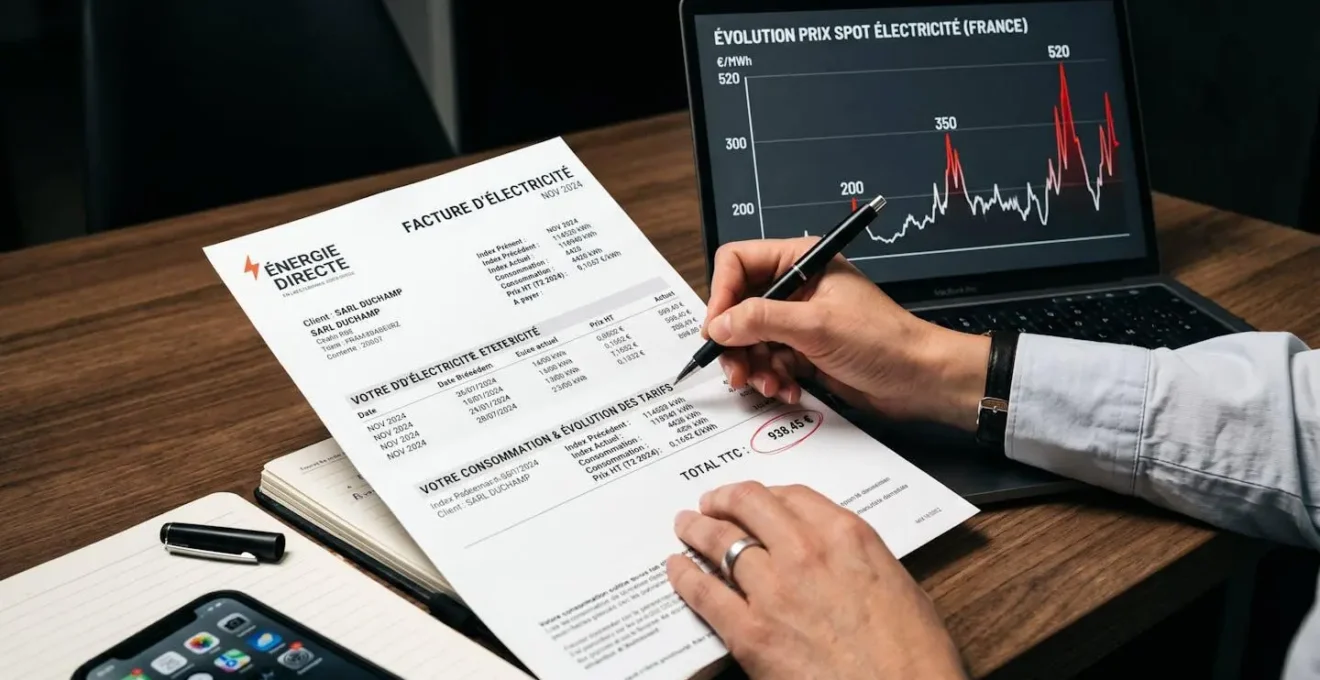 Gros plan sur une facture d'électricité professionnelle avec montants en euros et graphique de volatilité du prix spot sur ordinateur portable