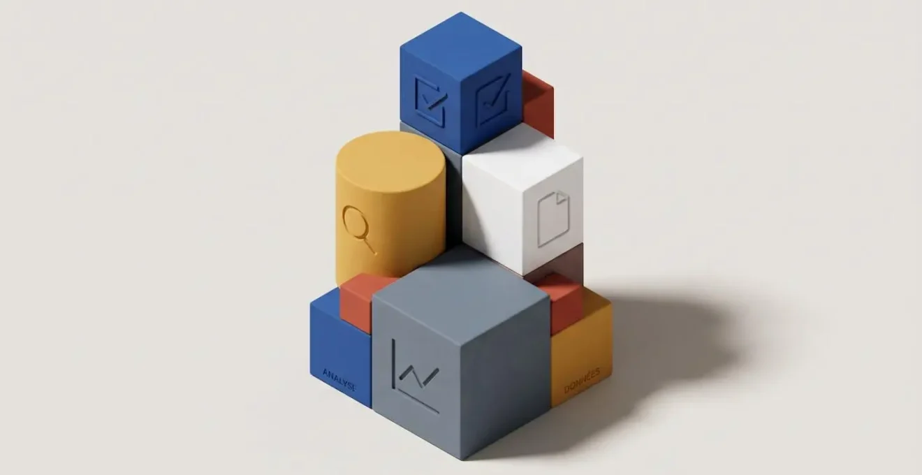Illustration 3D isométrique de blocs géométriques empilés avec icônes représentant les étapes de construction d'un dossier de négociation