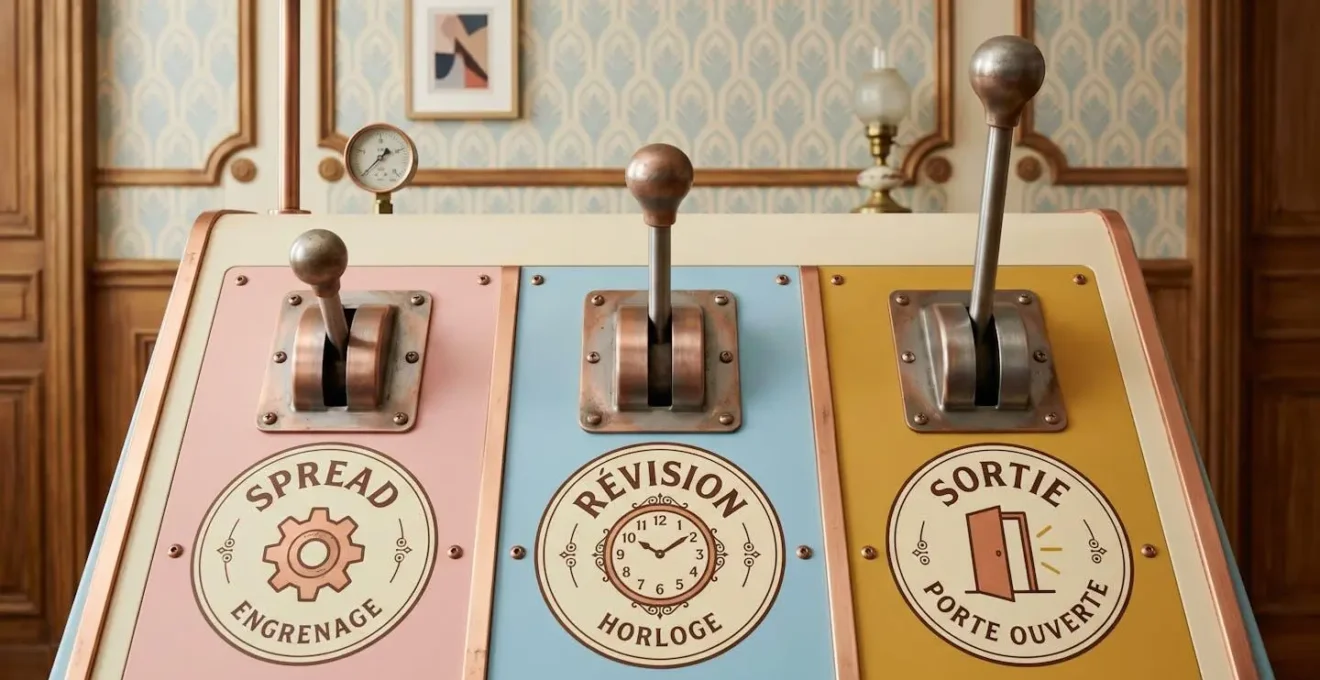 Trois leviers mécaniques symétriques de tailles différentes sur panneau de contrôle vintage avec pictogrammes français