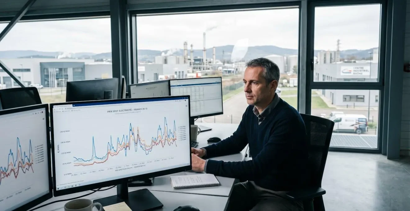 Responsable énergie consultant des écrans affichant l'évolution en temps réel du prix spot de l'électricité avec courbes de fluctuation en €/MWh dans un bureau industriel contemporain