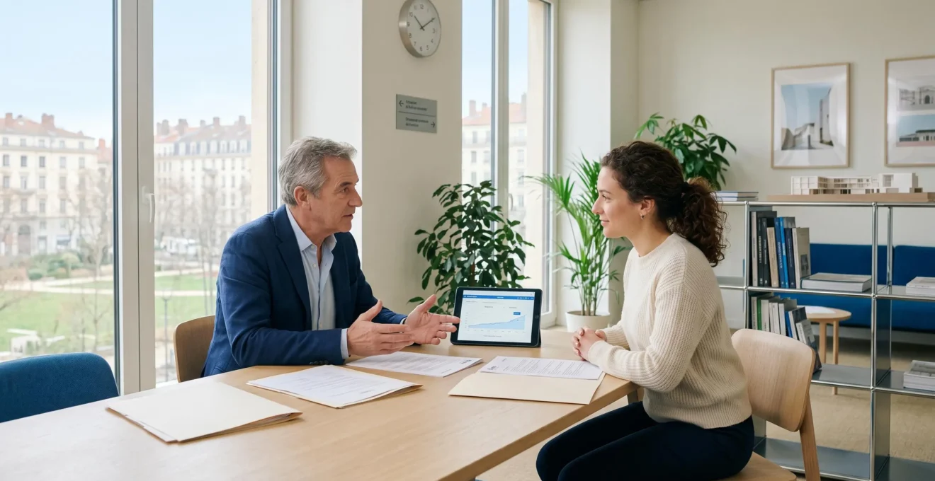 Scène de consultation entre courtier en énergie et responsable d'entreprise avec documents contractuels et tablette affichant courbes de prix sur table