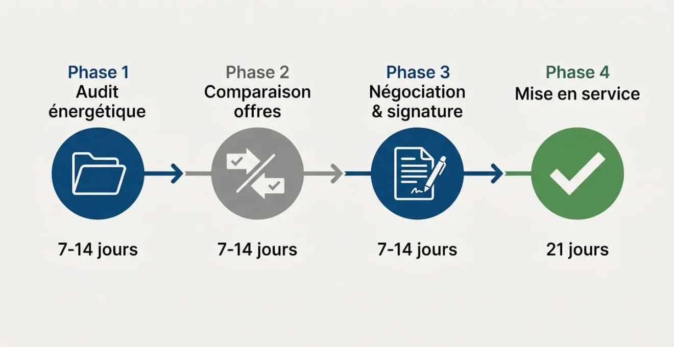 Timeline horizontale illustrant les 4 phases du processus de courtage énergétique : audit (7-14 jours), comparaison offres (7-14 jours), négociation et signature (7-14 jours), mise en service (21 jours)