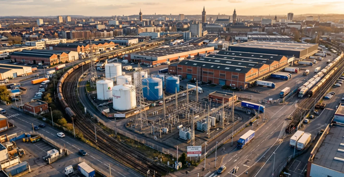 Vue aérienne d'une zone industrielle de la métropole lilloise avec cuves de stockage de gaz, pylônes électriques et bâtiments logistiques en briques, photographiée en fin de journée