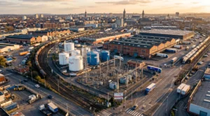Vue aérienne d'une zone industrielle de la métropole lilloise avec cuves de stockage de gaz, pylônes électriques et bâtiments logistiques en briques, photographiée en fin de journée