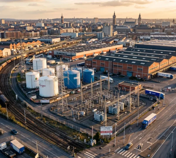 Vue aérienne d'une zone industrielle de la métropole lilloise avec cuves de stockage de gaz, pylônes électriques et bâtiments logistiques en briques, photographiée en fin de journée